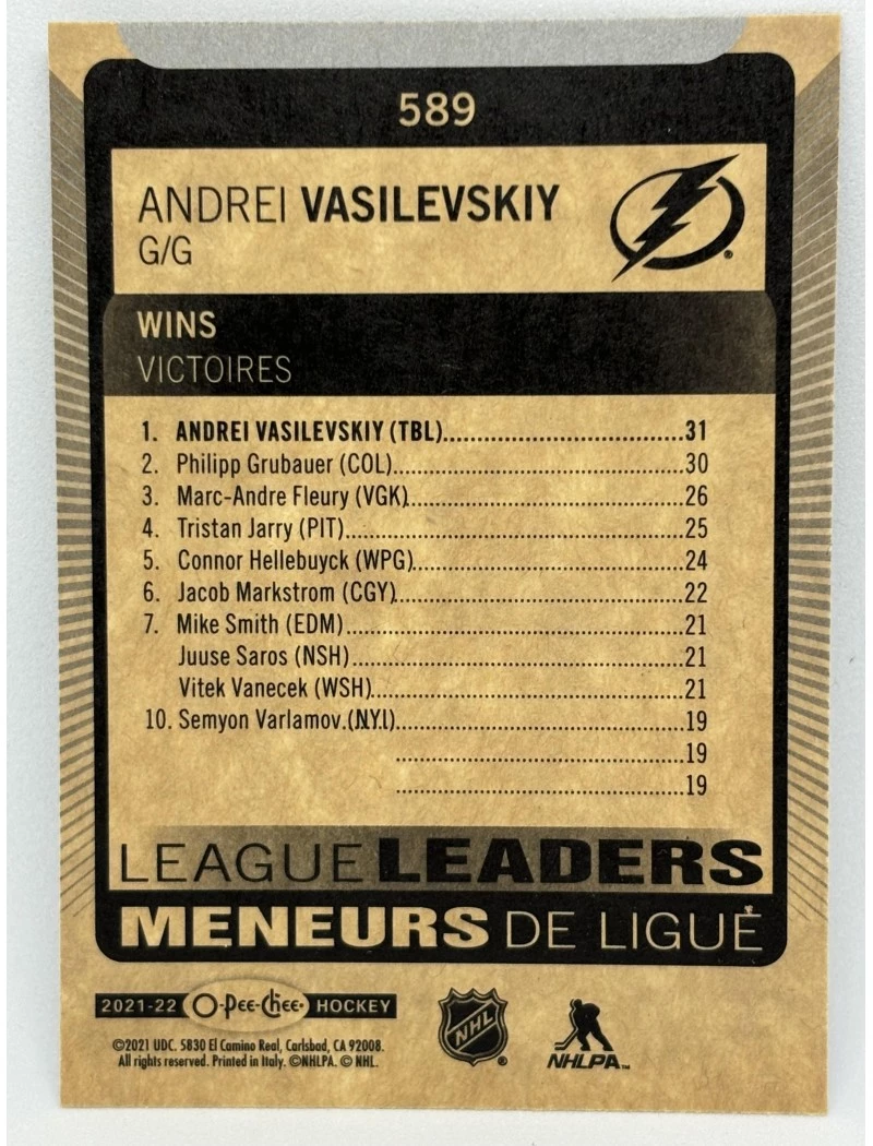 21-22 UD O-Pee-Chee ANDREI VASILEVSKIY League Leaders #589