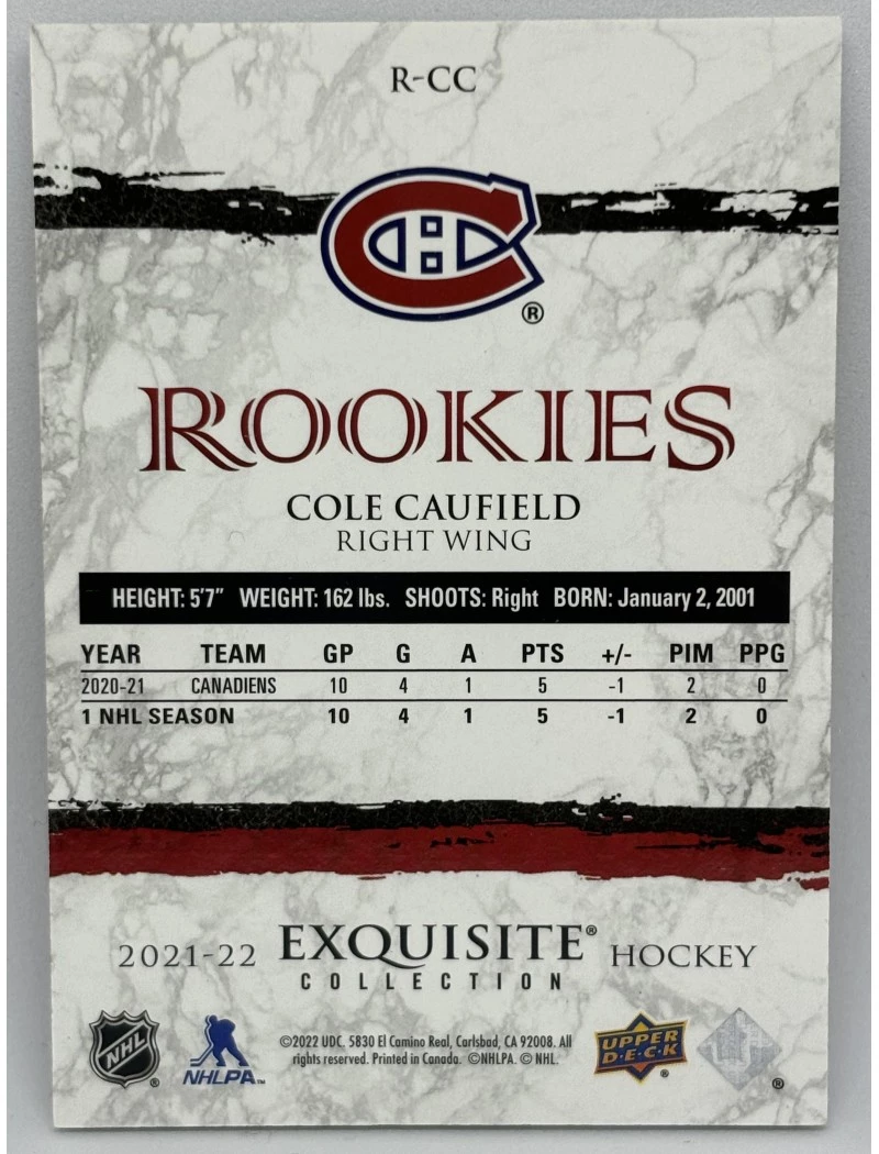 21-22 UD Ice COLE CAUFIELD Exquisite Collection Rookie /99 #R-CC