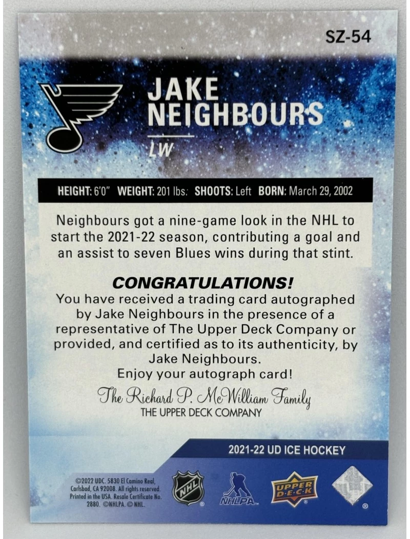 21-22 UD Ice JACK NEIGHBOURS Subzero Rookie Auto #SZ-54