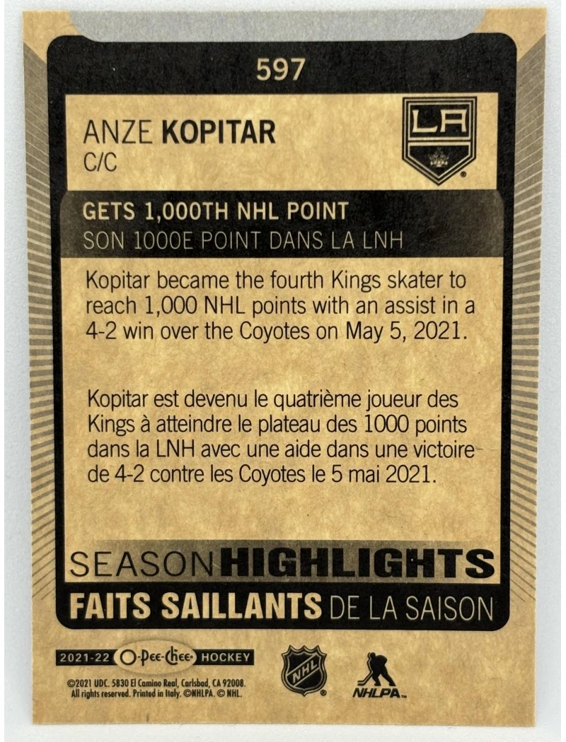 21-22 UD O-Pee-Chee ANZE KOPITAR Season Highlights #597