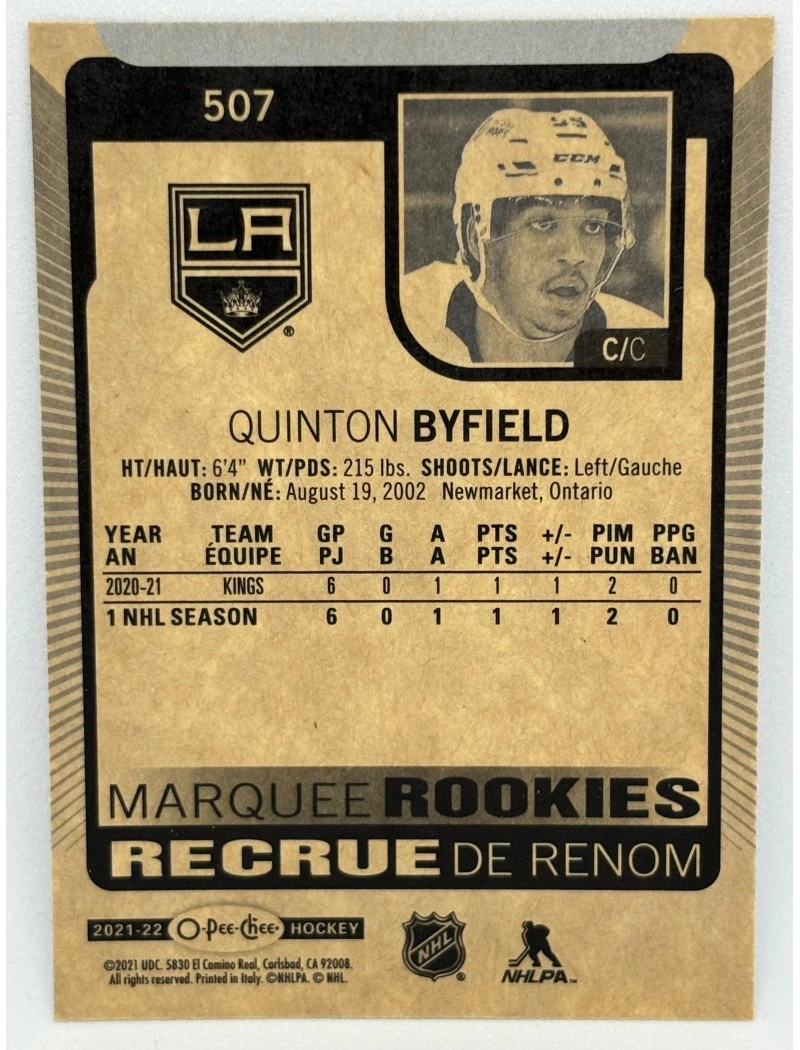 21-22 UD O-Pee-Chee QUINTON BYFIELD Marquee Rookies #507