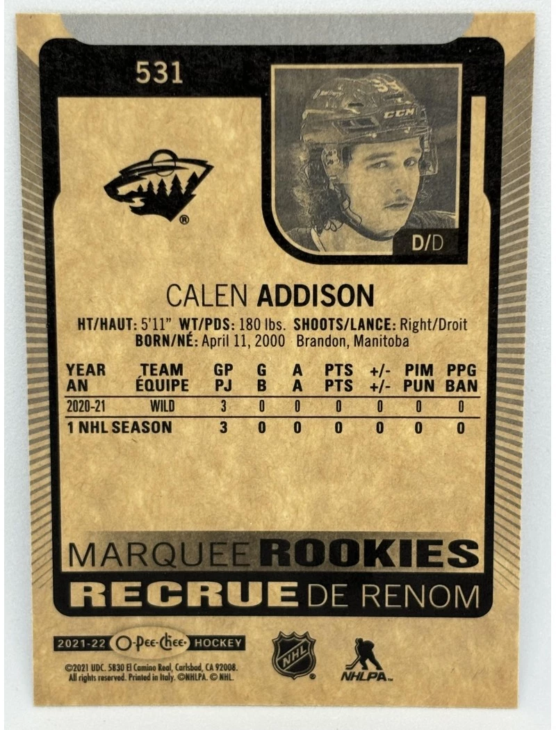 21-22 UD O-Pee-Chee CALEN ADDISON Marquee Rookies #531
