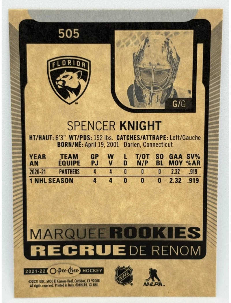 21-22 UD O-Pee-Chee SPENCER KNIGHT Marquee Rookies #505