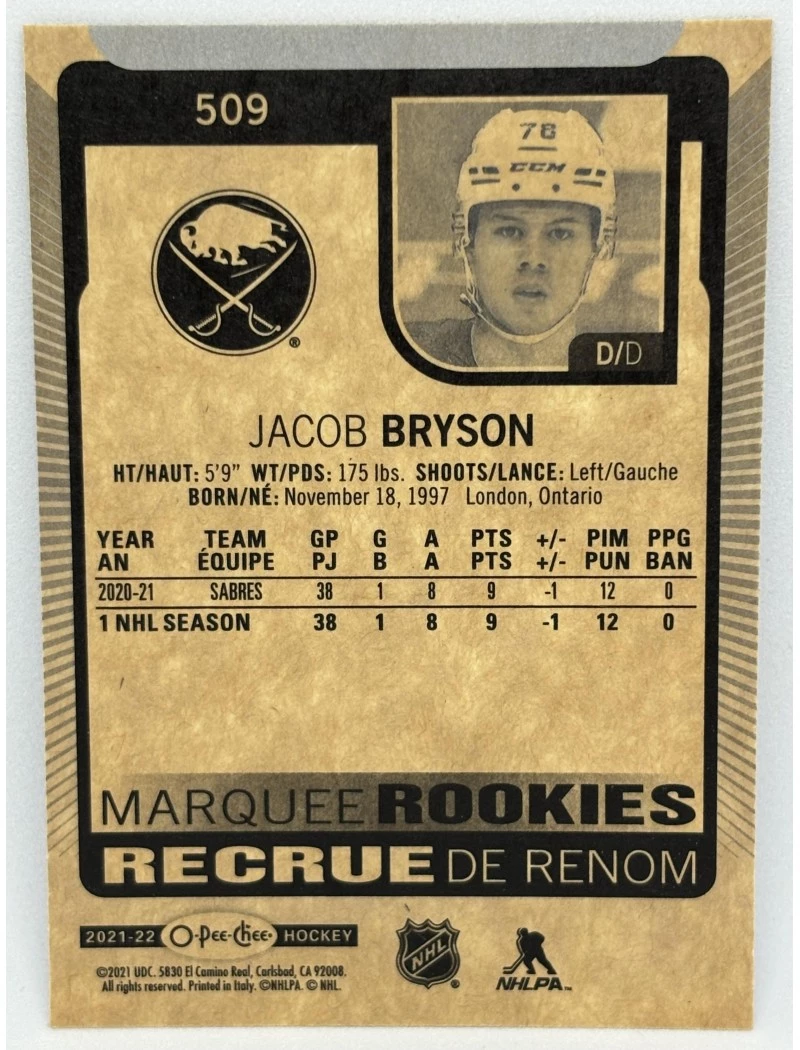 21-22 UD O-Pee-Chee JACOB BRYSON Marquee Rookies #509