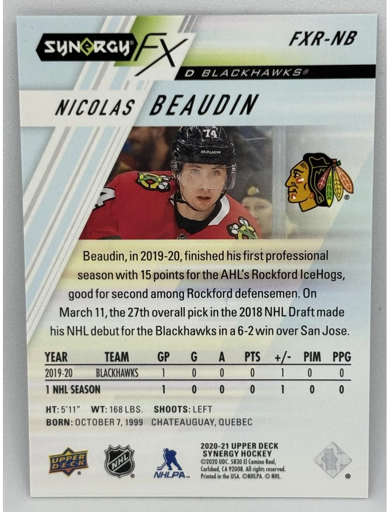 20-21 UD Synergy NICOLAS BEAUDIN Synergy FX Rookie /749 #FXR-NB